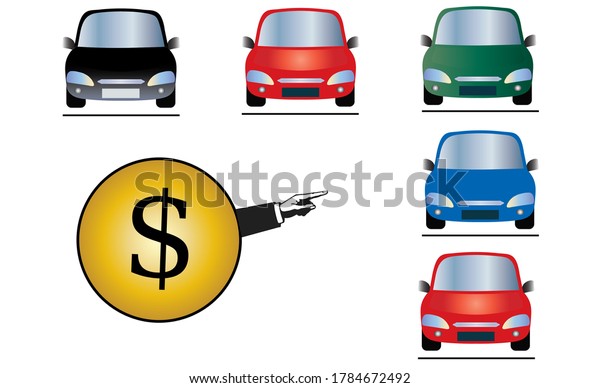 Search car. Looking for transport. Selection\
a car among others vehicles. Picture of a human hand pointing to\
car isolated on white background.\
