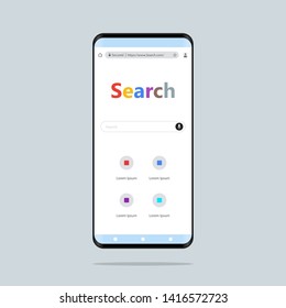 Search Concept. Hand Holding Smartphone Simple Flat Style Illustration. Online Search With Mobile Phone.