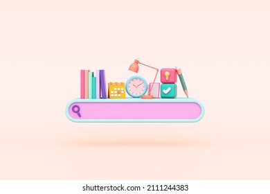 Search Engine Internet Online Learning Kids Cute Bookshelf Table Lamp Clock Light Bulb Pencil Pastel Study Website Children. Creative Education Imagination Or Business. Clipping Path. 3D Illustration.