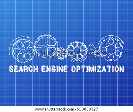 Search engine optimization text with gear wheels hand drawn on blueprint background