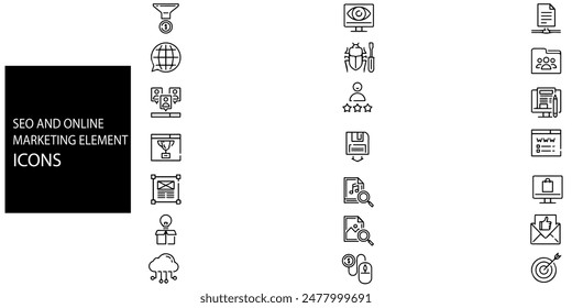 Search Engine Optimization Vector Outline Icons. SEO Elements.Set of marketing icons.Seo and online marketing line icons set.Vector illustration.