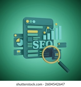 Search Engine Optimization for Website. SEO Management, Keyword Management, Content Marketing, Website Analytics. 3D Rendering on Green Background.