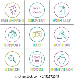 Search goods and purchase methods, operator informing support, delivery terms and money back minimalictic icon set in linear style, glyph on white.
