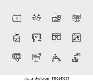 Search icons set. SEO optimization and search icons with page load speed, plugin and responsive design. Set of wrench for web app logo UI design.