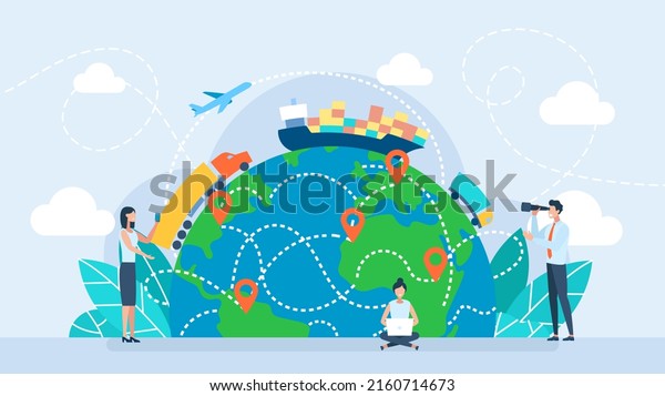 Search and track parcels through the app.
Fast shipping. Business logistics. Import-export cargo world globe
design. Delivery or postal service technologies freight
transportation. Flat
illustration