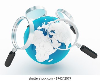 searching the internet with magnifier 3d rendering illustration