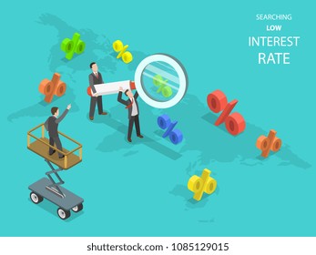 Searching Low Interest Rate Flat Isometric . Business Men Using Magnifying Glass Are Searching Capable Locations In The Earth Map For With Lowest Rates.