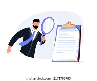 Searching For Money Or Documents Concept. Young Attentive Businessman Cartoon Character Standing Looking At Magnifier Trying To Find Money Or Official Documents  Illustration. Investigation.