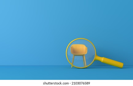 Searching for a new job opportunity. Office chair with magnifying glass. Recruitment concept. 3D Render - Powered by Shutterstock