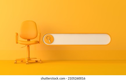 Searching for a new job opportunity. Office chair with blank search bar. Recruitment concept. 3D Render