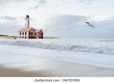 Seascape with an abandoned lighthouse and a flying seagull. Oil painting imitation. 3D illustration.