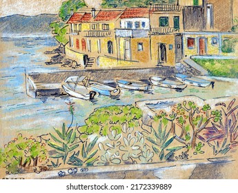 Seascape and boats   houses  Mediterranean landscape and sea bay  The sea  boats  houses and tiled roofs  Hand drawn pastel illustration  For printing postcards  posters 