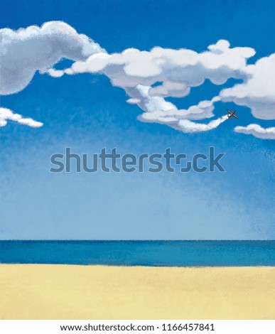 Seascape with clouds and an empty sandy beach. An airplane in the sky over the sea. Digital illustration.