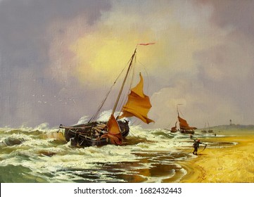 Seascape With Fishing Boats Off The Coast,oil Painting, Fine Art, Fishermen, The Clouds, Sky, Nature, Water, Boat, Sea