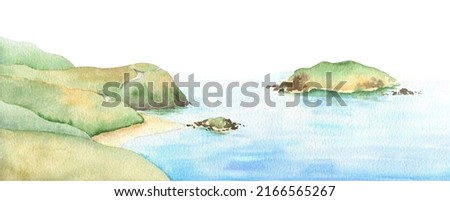Seascape illustration. Hand painted watercolor design. Mediterranean landscape. For posters, prints, cards, background