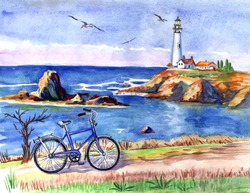 Seascape With A Lighthouse And A Bicycle, Watercolor Painting, Freehand Drawing, Print For Poster, Picture, Postcard, Illustration For Books, Home Decor