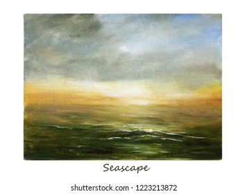 Seascape Oil Painting. Abstract Sunrise On Seaside. Artwork For Home.