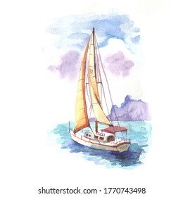 Seascape With Sailboat.watercolor Ocean And Yacht.