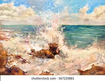 Seascape. Stones on the sea, the wind, the waves. Handmade. Watercolor.