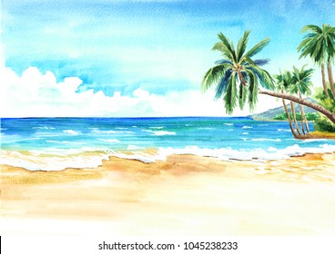 Seascape. Summer tropical beach with golden sand and palmes. Hand drawn horizontal watercolor illustration 