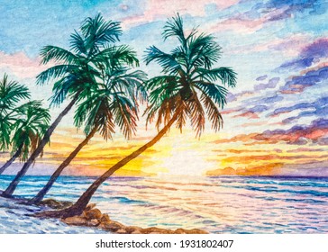 Seascape sunset. Ocean beach with palm trees. Colored sky with clouds. Spring break or Summer vacations in Florida. Watercolor painting. Acrylic drawing art.