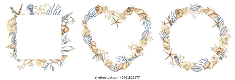 Seashell frames with starfish, corals and cockleshells for greeting cards or invitations. Nautical borders in pastel blue and beige colors for postcards. Wreath, square and heart shape templates. - Powered by Shutterstock