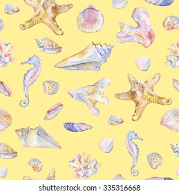Seashells seamless pattern . Underwater artistic marine texture, design for restaurant menu, decorative textile, wallpaper.