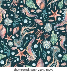 Seashells, Starfish, Seahorses And Jellyfish, Corals And Bubbles. Watercolor Illustration On A Dark Background. Seamless Pattern. For Fabric, Textiles, Wallpaper, Clothing Beach And Summer Accessories