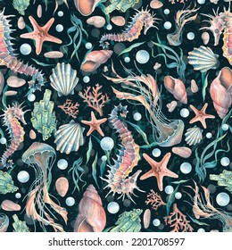 Seashells, Starfish, Seahorses And Jellyfish, Corals And Bubbles. Watercolor Illustration On A Dark Background. Seamless Pattern. For Fabric, Textiles, Wallpaper, Clothing Beach And Summer Accessories