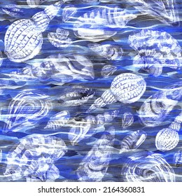 Seashells Underwater Blurred Seamless Pattern, Watercolor Texture