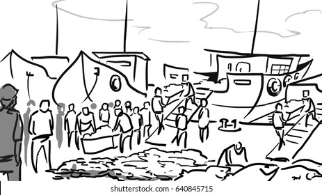 Seashore Fish Market Fishing Boats People Stock Illustration 640845715 ...