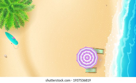 Seashore And Sandy Beach. Top Down View Of Summer Beach. Palm, Surf Waves, Sun Umbrella, Deck Chairs, Surfboard On Seashore. 3d Illustration.