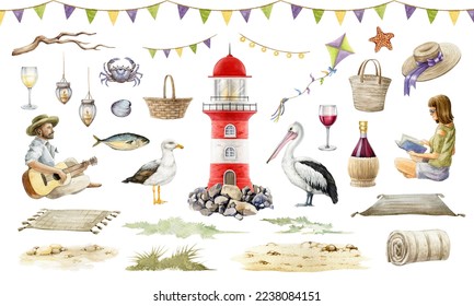 Seaside picnic cozy elements set. Watercolor illustration. Hand drawn lighthouse, flags, gull, pelican, picnic basket, blanket, man with a guitar, wine, snacks elements set. White background - Powered by Shutterstock