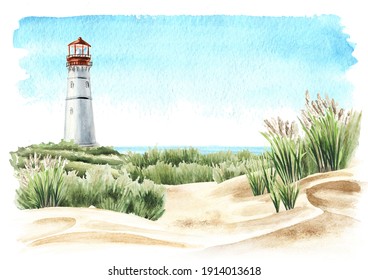 Seaside With Sand Dunes And Old Lighthouse, Hand Drawn Watercolor Illustration, Isolated On White Background