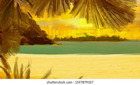 Seaside. Sunset view. Pacific ocean. Summer weather. Panorama. Tropical island. Digital painting. Warm evening. 2d illustration.  - Shutterstock ID 1597879357