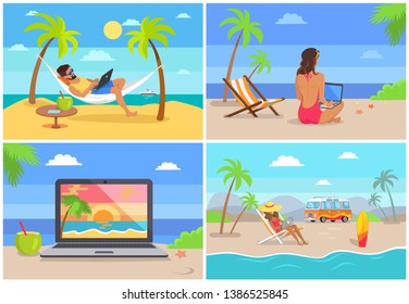 Seaside View Distant Work Set Man Typing Laptop Cocktail With Straw Woman In Hat Resting At Hammock Travelling Trailer Raster Illustrations Collection