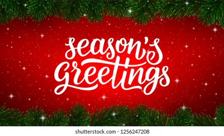 Season Greetings Calligraphy Text With Realistic Fir Tree Branches Border On Red Background. Greeting Card Design For Christmas Decoration Banner