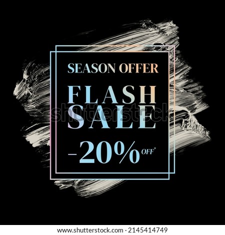 season offer flash sale 20% off sign holographic gradient over art white brush strokes acrylic paint on black background illustration 商業照片 © 
