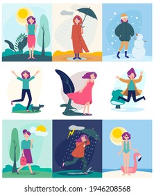 Seasonal Woman. Different Weather Outdoor Character Walking In Different Season Conditions Rainy Windy Snow Storm Or Hot Sun People