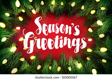 Season's greetings Christmas greeting card with pine wreath and holiday greetings on red  - Powered by Shutterstock