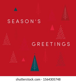 Season's greetings! Stylish holiday card. Festive Merry Christmas design, cool web banner. Red background, stylized Christmas trees, decorative snowflakes. Geometric minimalist design with personality - Powered by Shutterstock