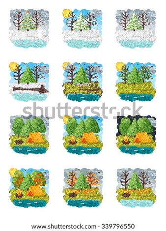Seasons. In the style of round pixels