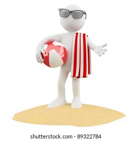 Seasons. Summer. Man on the beach with a ball a red and white towel and black sunglasses