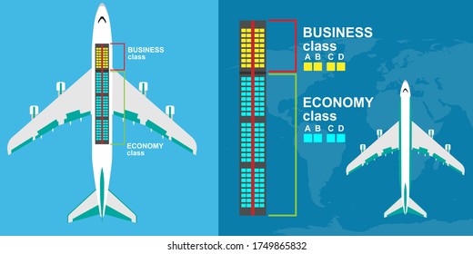 Seat Map Airplane Class Illustration . Airline Tour Trip Passenger Charter Chair. Information Ride International Transit Plane