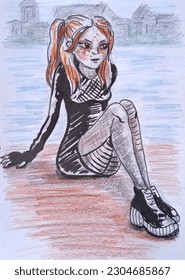 Seated girl dressed in black mini dress   sneakers 