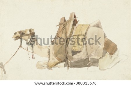Seated Laden Camel, by George Antoine Prosper Marilhat, 1821-47, French watercolor painting. Camel leaded with cargo.