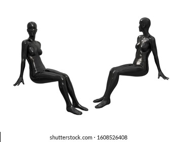 Seated Mannequin For Clothes In Black Plastic. Female Slim Elegant Figure Sits On The Surface. Window Dressing. Shop Equipment. 3d Illustration Isolated On A White Background.