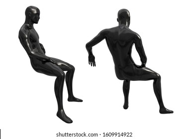 Seated Mannequin For Clothes In Black Plastic Color. Male Elegant Figure Sits On The Surface. Window Dressing. Shop Equipment. 3d Illustration Isolated On A White Background.