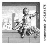 Seated putto blowing bubbles., Gilliam van der Gouwen, after Jan Hoogsaat, 1670 - c. 1740 A Vanitas performance. On one wall is a putto.