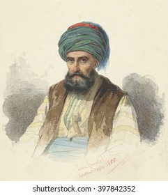 Seated Turk with a Dagger in his Belt, Louis Chantal, 1855, European watercolor painting